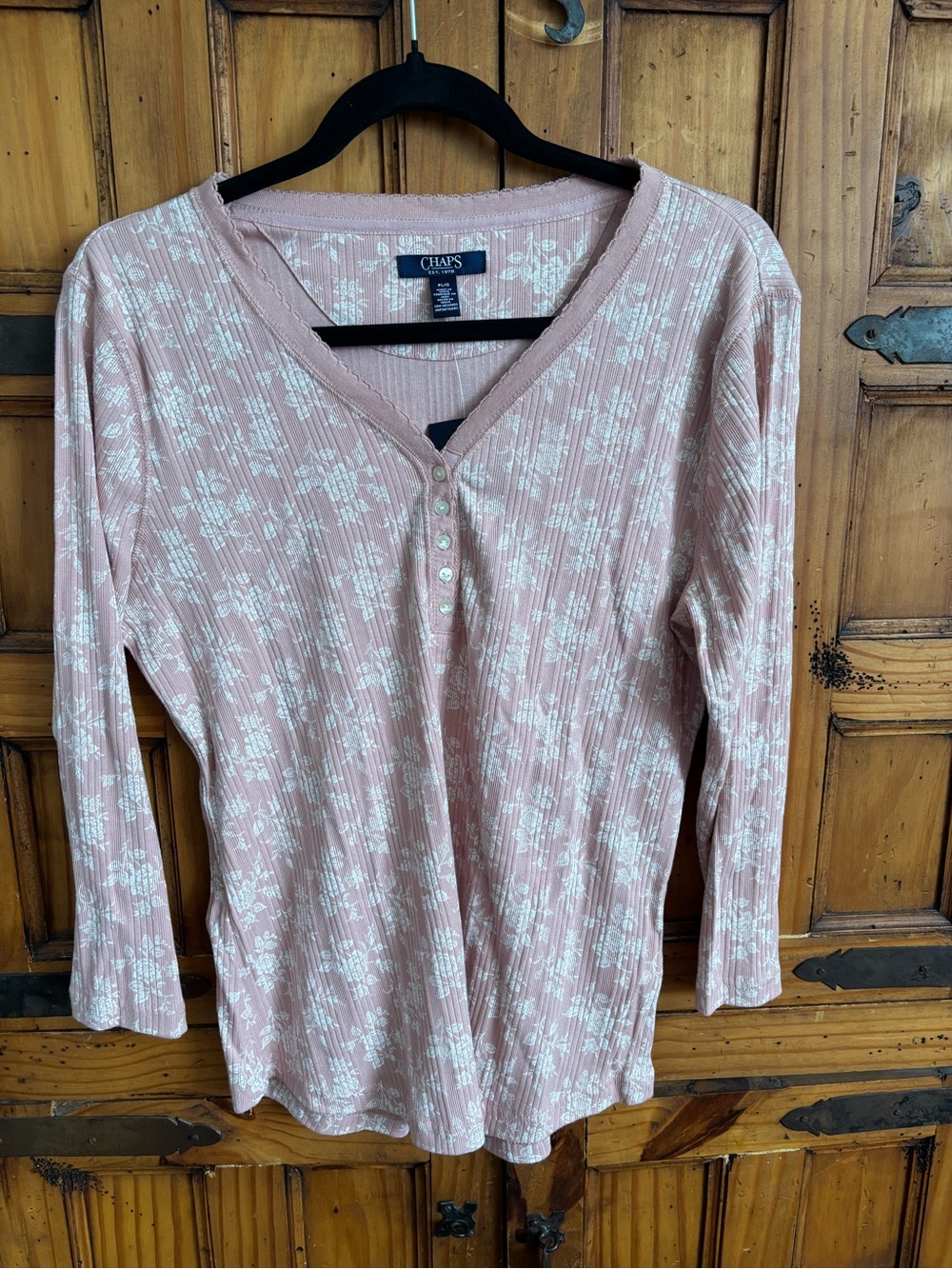 Chaps Women's Pink Blush Floral Henley Three Quarter Sleeve Top